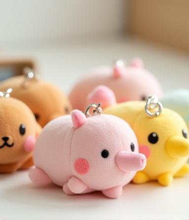 Featured assortment of cute character plush keychains from a popular slice-of-life series.