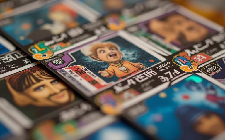 Close-up of trading cards showing different symbols indicating rarity levels.