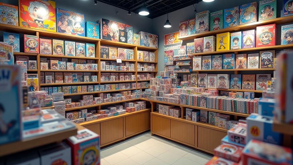 Variety of colorful anime figures, manga books, and collectibles displayed attractively.